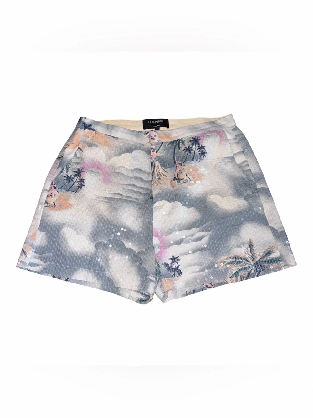 Le Superbe Tropical Sequin Resort Shorts Island & Palm Tree Print Size 8 - Picture 2 of 3